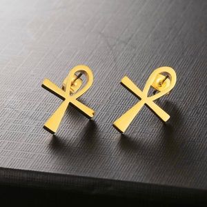 New 18K Gold Ankh Stud Earrings